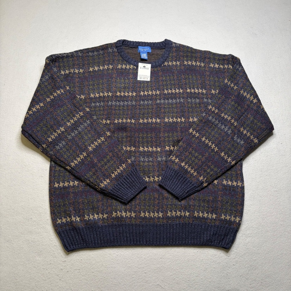 Towncraft Sweater Mens XL Navy Windowpane Vintage‎ Crewneck Acrylic Knit EH94